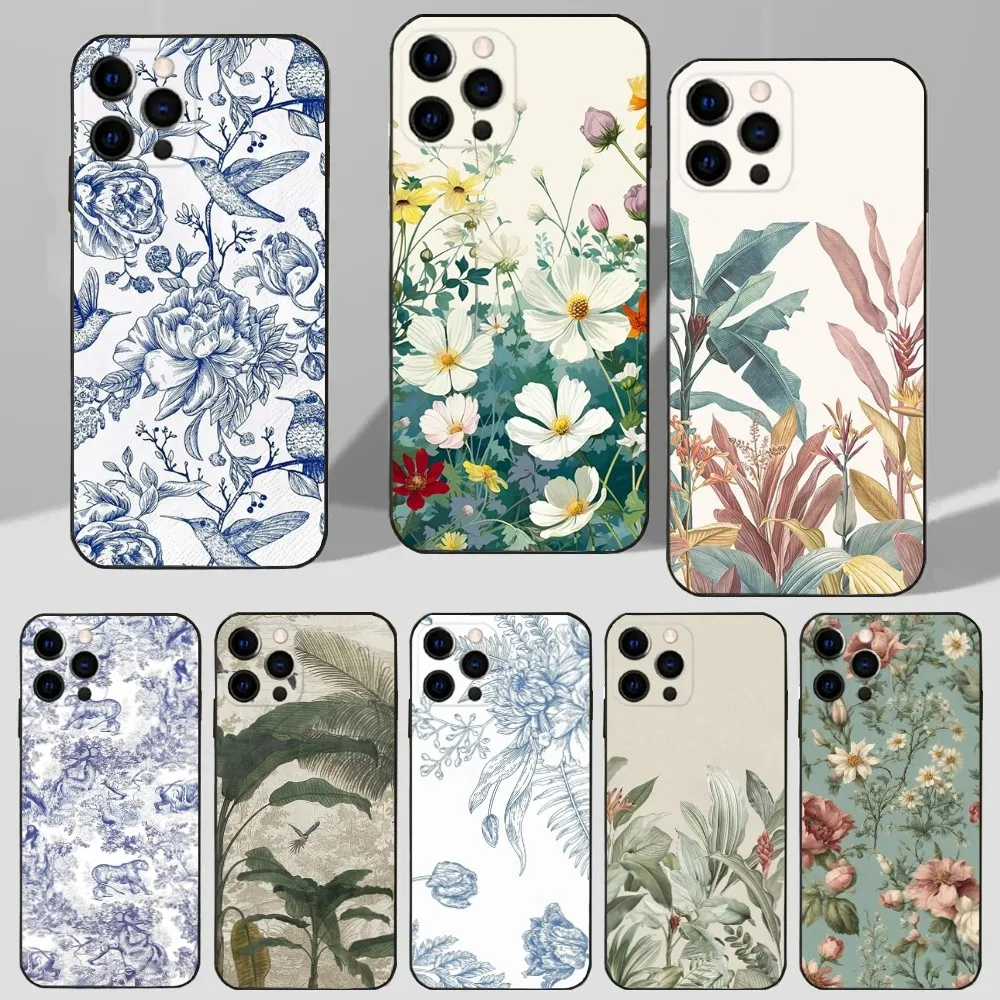 

Painting Art Botanical Phone Case For iPhone 16,15,14,13,12,11 Plus,Pro Max,XS,X,XR,SE,Mini,8,7 Soft Silicone Black Cover