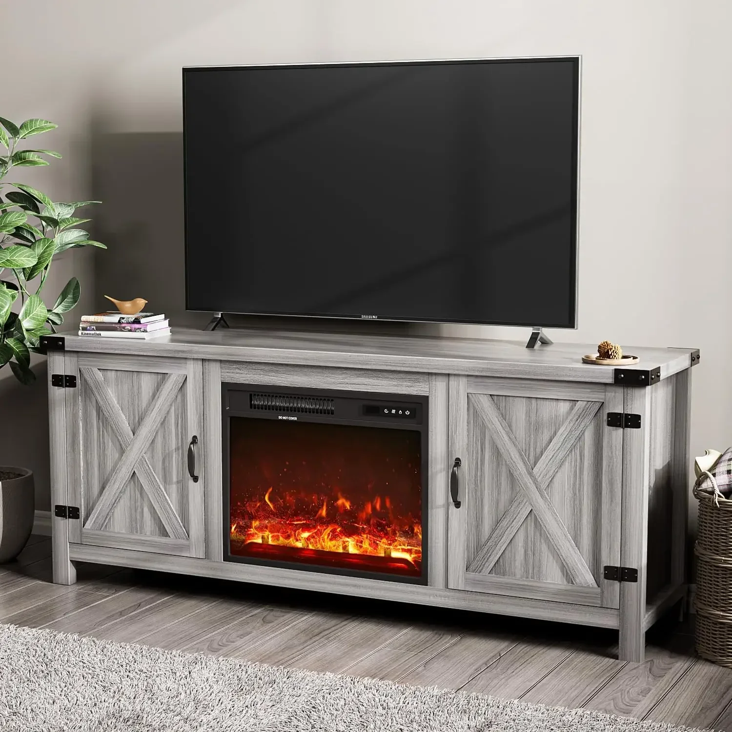 

Fireplace TV Stand with Two Barn Doors and Storage Cabinets for Televisions up to 65+ Inch, Entertainment Center Console Table