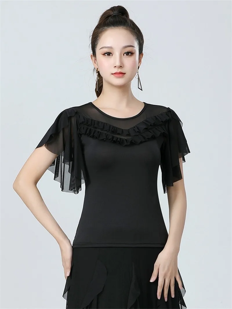 Women Latin Dance Top Tango Jazz Waltz Ballroom Dancing Shirt Short Sleeve Ruffles Dance Practice Performance Dance Costume