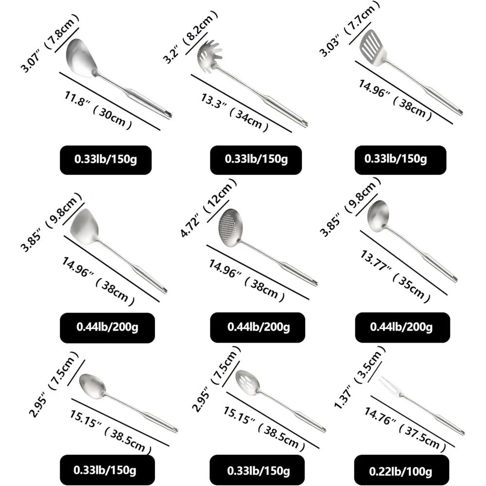 304 Stainless Steel Kitchen Utensils, 9 PCS Metal Cooking Utensils Set, Solid Spoon, Slotted Spoon, Fork, Spatula, Ladle