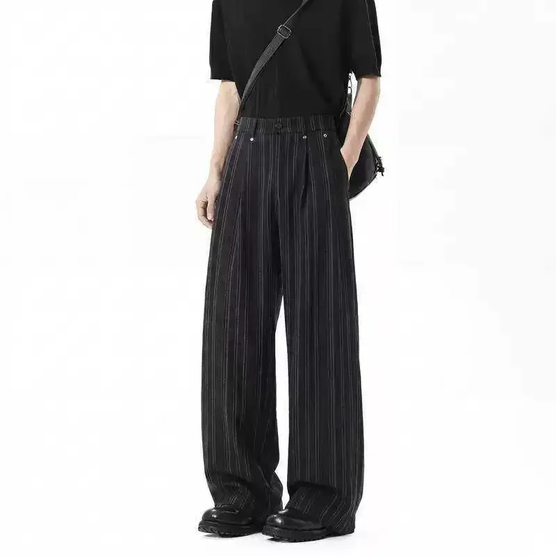 Men's Striped Trousers Summer Relaxed Drape Casual Pants Lightweight Loose Fit Business Casual Trousers