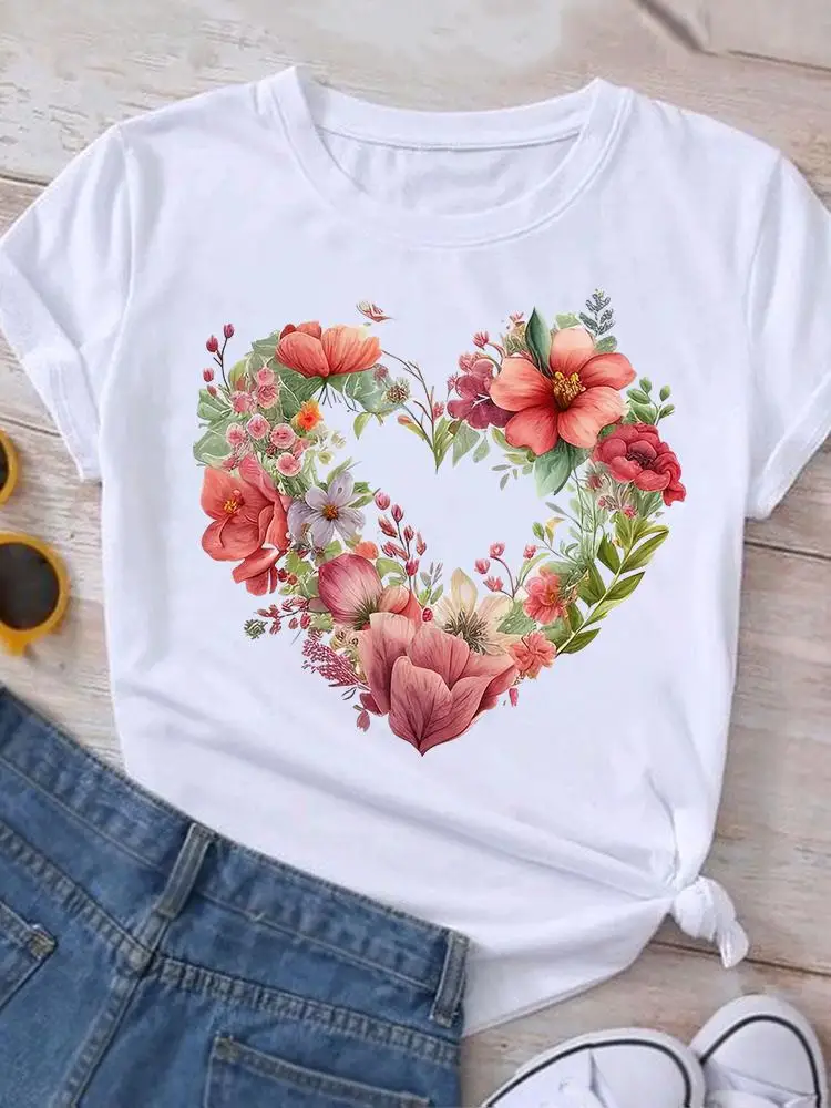 Dames Dames Casual Top Vrouwelijke Kleding Print Wit T-shirt Liefde Hart Bloem Schattig jaren 90 T-shirt met korte mouwen Mode Grafisch T-shirt
