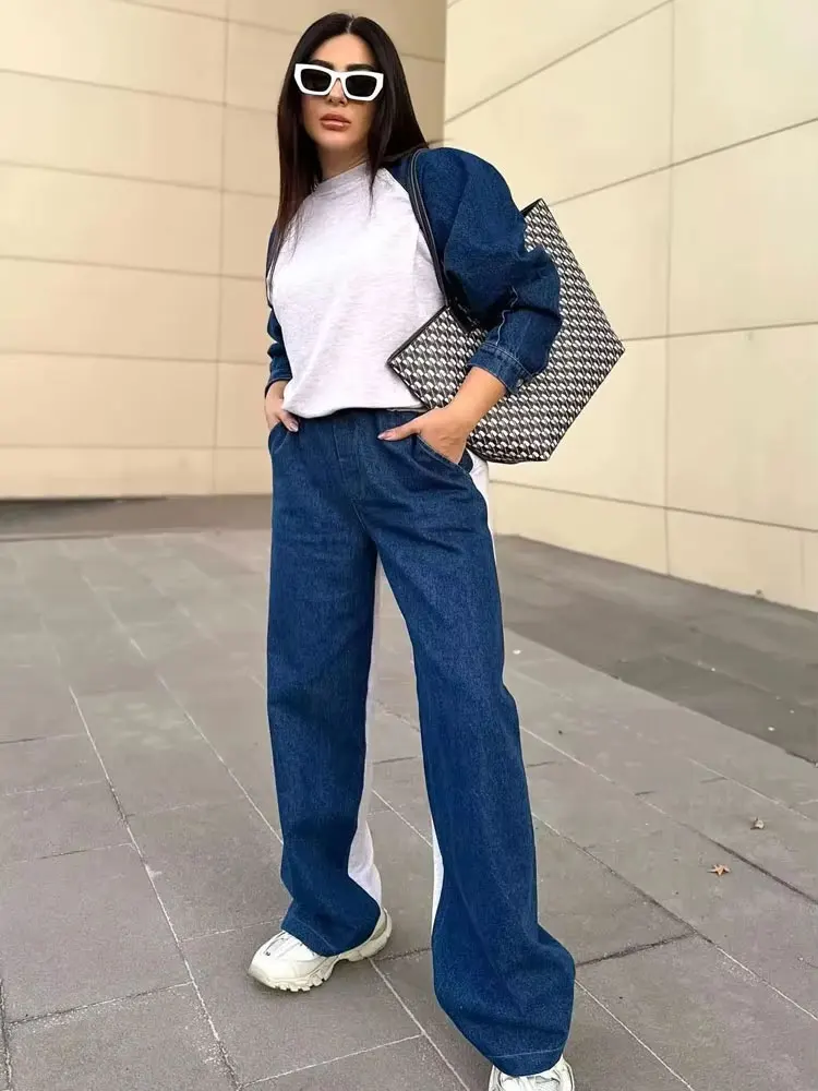 

HH женский осенний уличный модный джинсовый костюм с длинными рукавами и круглым вырезом, свободная толстовка + широкие брюки с эластичной резинкой на талии