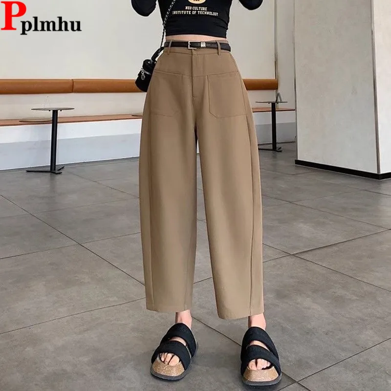 

Korea Elastic High Waist Harem Suit Pants Ankle Length Casual Big Pokets Loose Elegant Pantalones Women Formal Classic Spodnie