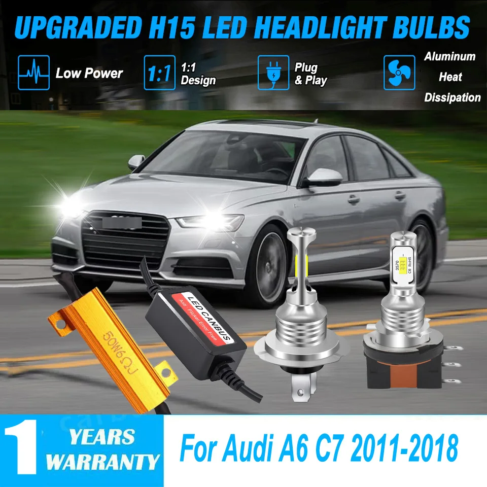 

H15 H7 LED Headlight Hi Lo Beam DRL Bulb Canbus Replacement Pj26t-1 715 For Audi A6 C7 2011 2012 2013 2014 2015 2016 2017 2018