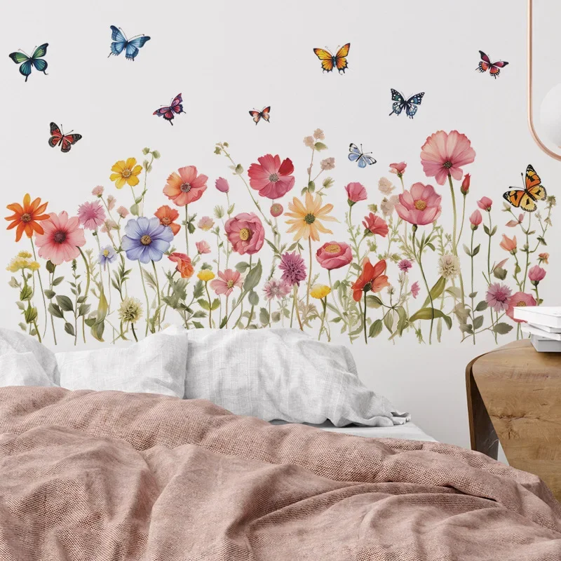 Bemalte Blumen Blätter Schmetterling Wohnzimmer Wanddekoration Schlafzimmer Renovierung Atmosphäre Wandaufkleber Selbstpaste