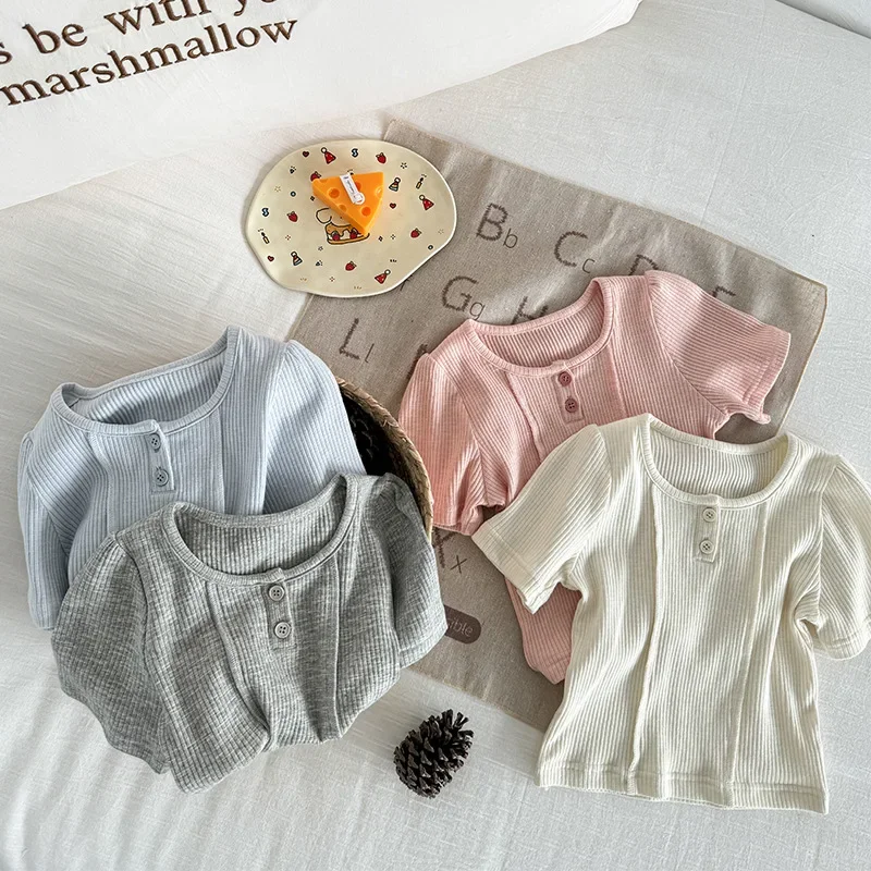 irls' Knitted Short Sleeve Children's Korean Version Pit Bar Girl Baby Round Neck Solid Color Versatile Knitted Short Sleeve Top