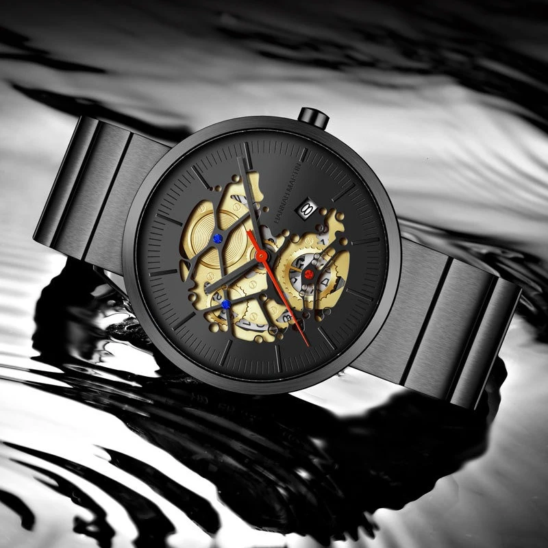 HANNAH MARTIN1312 Watch Men Non Automatic Mechanical Hollow Out Watch Fashion Steel Belt Waterproof Watches for Men Reloj Hombre