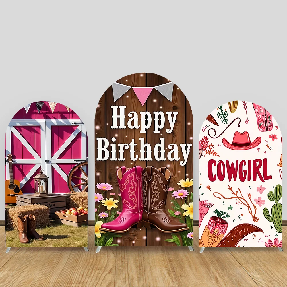

Pink Cowgirl Birthday Arch Photography Backdrops Boot Hat Cactus Girls Birthday Party Western Theme Celebration Decor Background