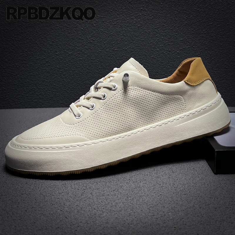 

Hole Full Grain Leather Men Round Toe Lace Up Breathable Skate Shoes Sport Flats Sneakers Summer Trainers Rubber Sole Athletic