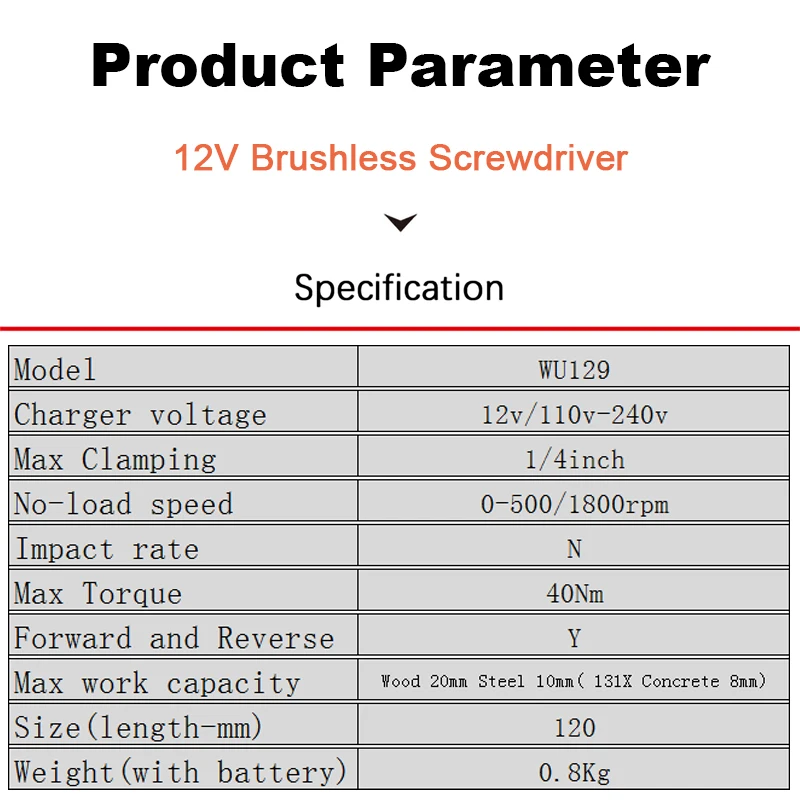 Worx WU129 Cordless Screwdriver Brushless Motor 40Nm 1800rpm Bare Tool or With One Battery and Charger Univeral 12v Battery Pack