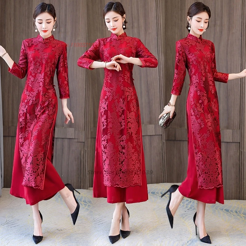

2026 chinese improved cheongsam vintage lace flower qipao dress vietnam ao dai traditional dress oriental a-line qipao dress