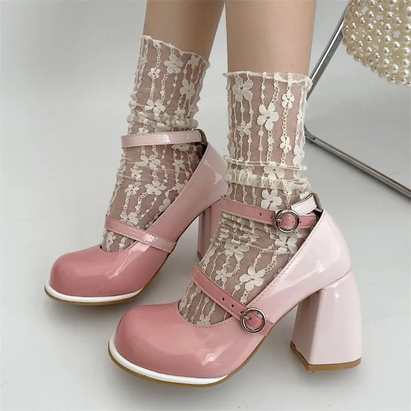 Ankle Buckle Platform Mary Janes 2024 New Comcise pink gray High Heel Pumps Woman Elegant Round Toe Square Heels Party Shoes