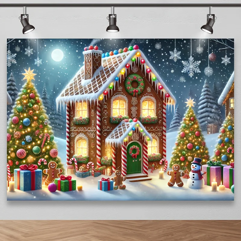 1 Stück Weihnachts-Polyester-Hintergrundstoff – Szene und Schneehäuse im Winterwunderland, ideal für Fotografie und Feiertagsdekoration