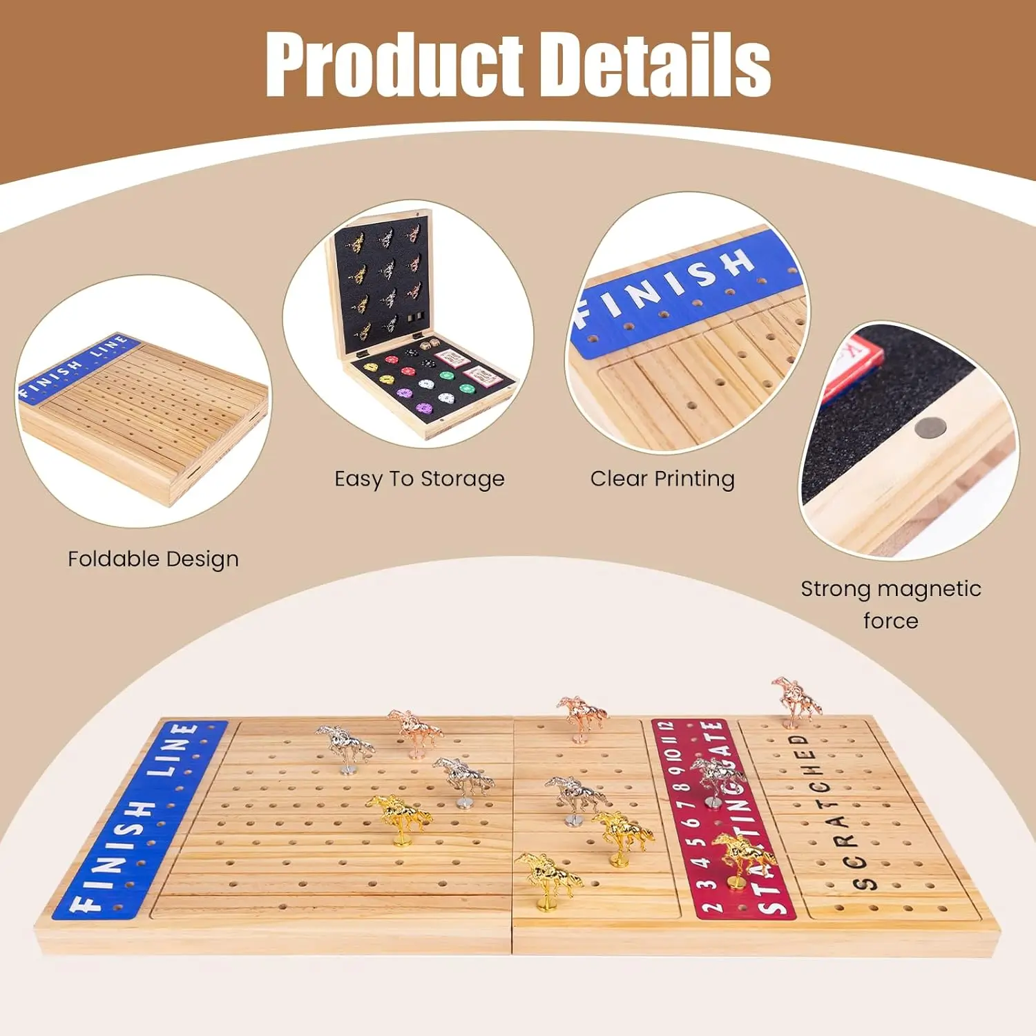 Jogo de tabuleiro dobrável de corrida de cavalos de 28' para adultos, tabuleiro de xadrez de madeira com 11 cavalos de metal, chips, dados, cartas – tampo de mesa clássico ga