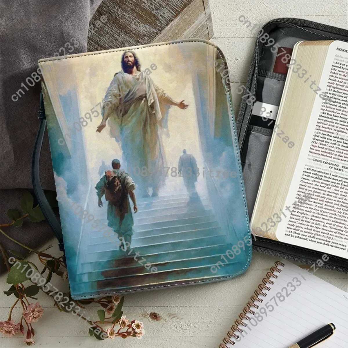 

Women's Handbags Leather Zipper Handle Church Bible Bag Christian Jesus Pattern Print Custom Bible Storage Bags Bible Cover Case