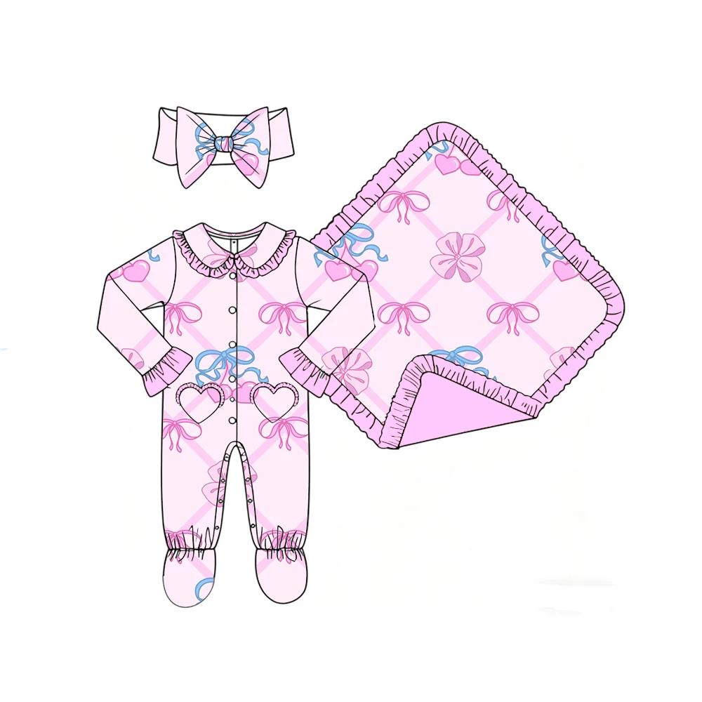 Boutique Boys' Girls' Blanket and Romper Lapel Ruffle Buttons Love Pocket and Binding Feet Fruit Bow Print Customizable Patterns