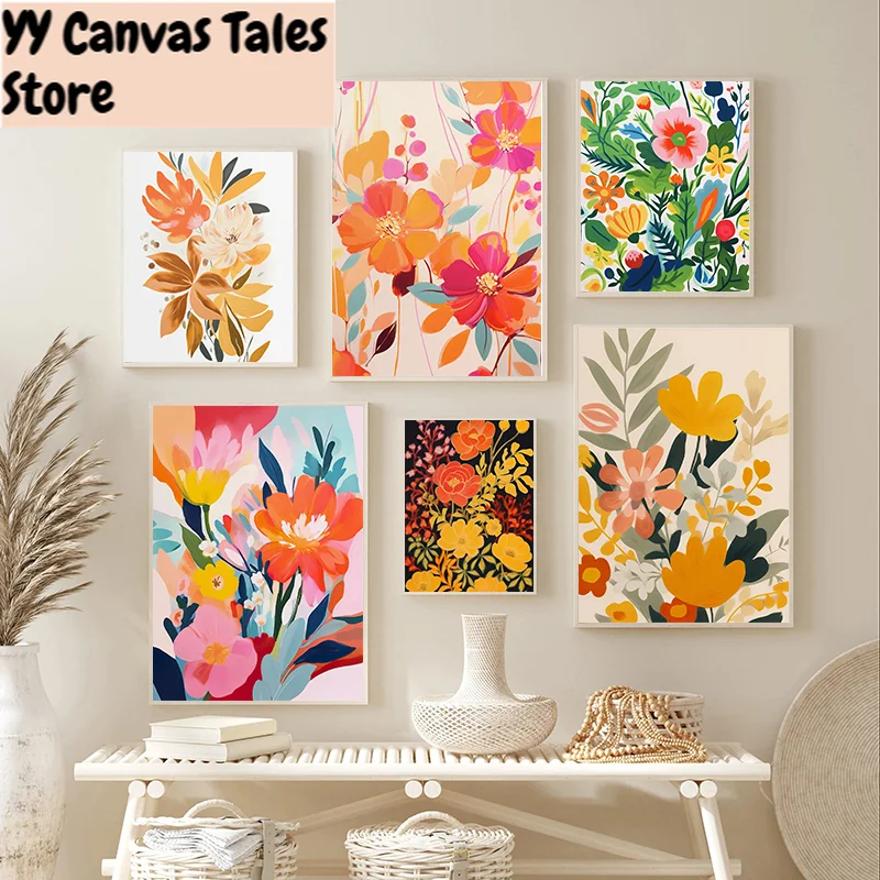 1 Stück rahmenloses Leinwandgemälde, Gouache-Blumenmalerei, bunter botanischer Kunstdruck, Frühlingsblumen-Leinwandposter, Wildblumen-Poster für Zuhause