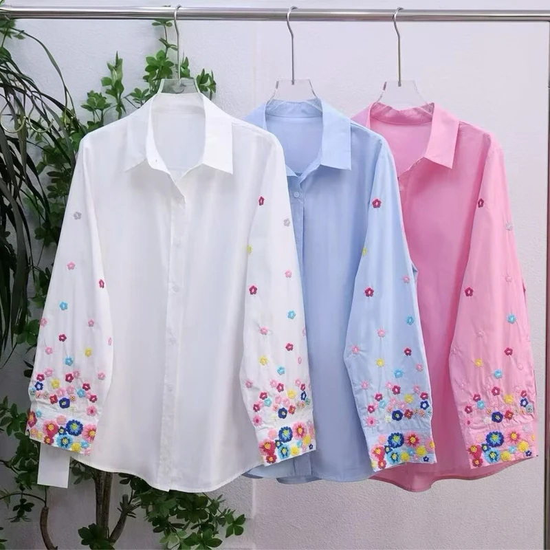 

Elegant Embroidered Flower Long Sleeve Shirt Women's Collar Luxury Feel Autumn Winter New Style Special Beauty Absolutel...