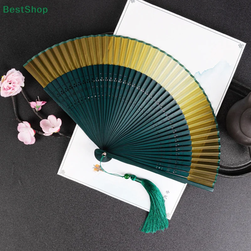 Éventails pliants à pampilles de luxe de Style chinois, éventail en bambou sculpté de couleur dégradée brillante antique, éventails à main pour photographie Hanfu de mariée