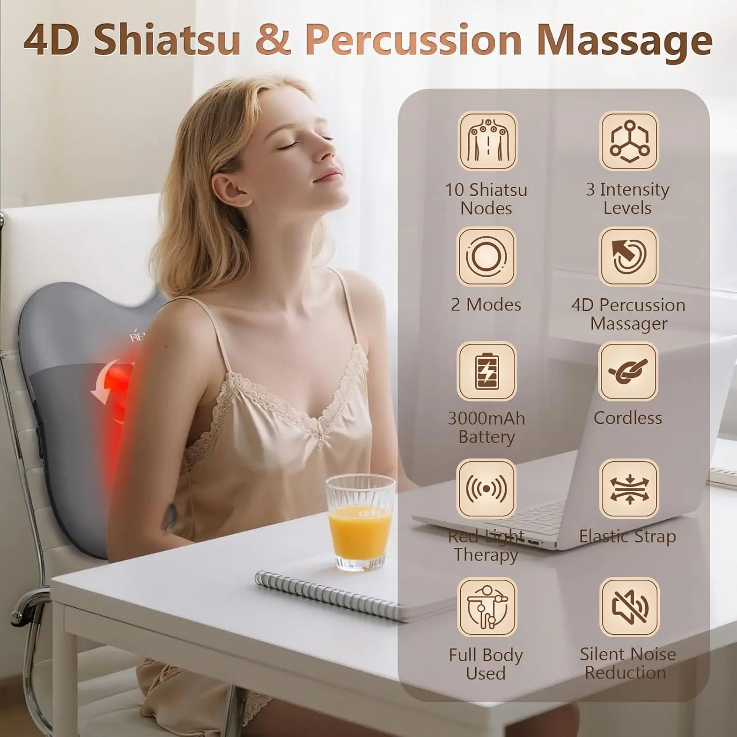 belhope Back Massager with Heat, Cordless Back Massage for Pain Relief Deep Tissue, 4D Shiatsu and Percussion Massage Pillow, Lo