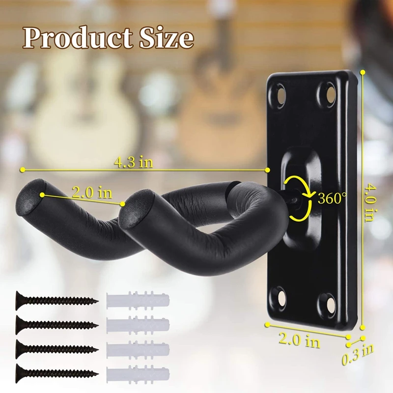 Gancho de suspensión de montaje en pared para guitarra, soporte para perchas de guitarra, ganchos para guitarras eléctricas acústicas y bajas, paquete de 3, negro