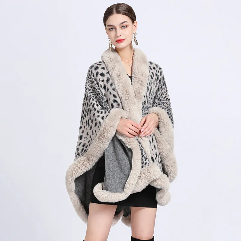 

2022 Autumn Winter Leopard Print Pashmina Fur Collar Cashmere Blend Capes Ponchos Thicken Blanket Jacquard Cardigan Shawls Wraps