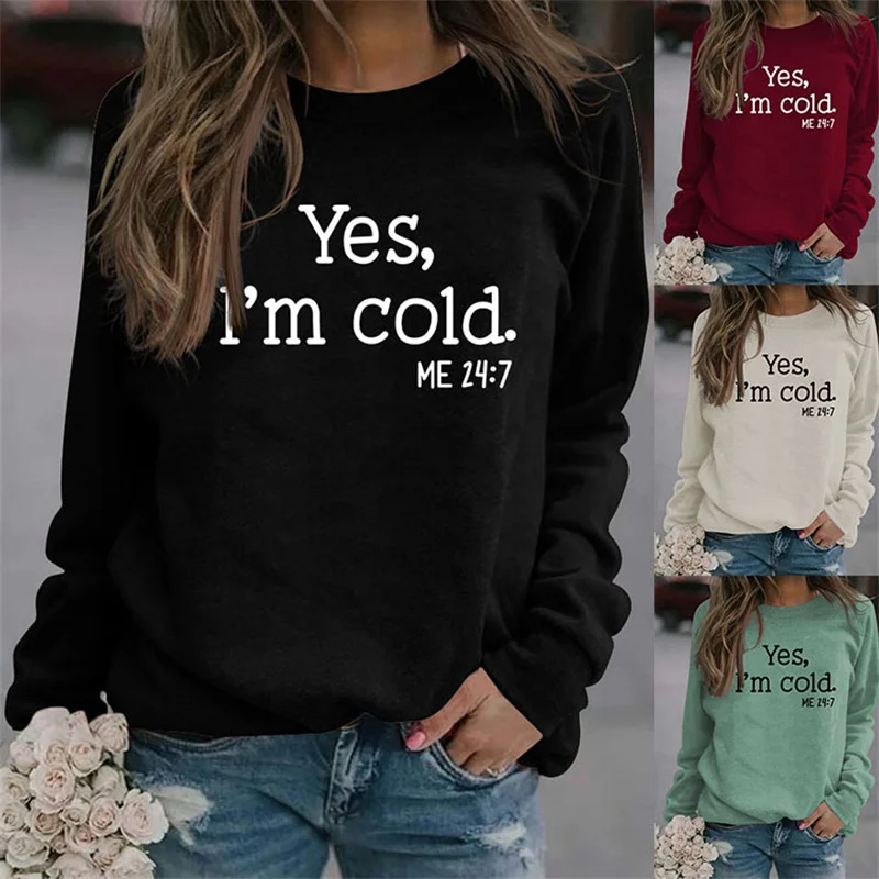 

New fashion autumn and winter cotton women's top yes i'm cold letter print casual vintage round neck loose sweater