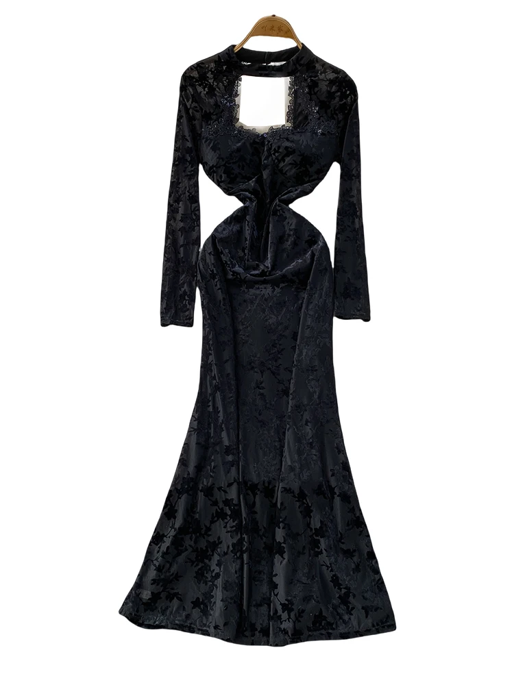 Сексуальное кружевное круглое платье с мягкой подкладкой, женское осеннее бархатное платье с цветочным узором для похудения, длинное платье с хвостом Ele Fi