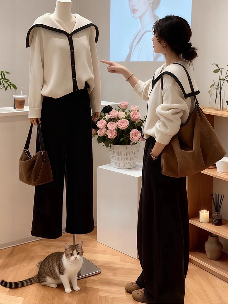 Faionable البحرية طوق اللون بلو سترة المرأة فضفاضة محبوك الأعلى العصرية كسول الراقية الشعور الخريف جديد Sle تريكو