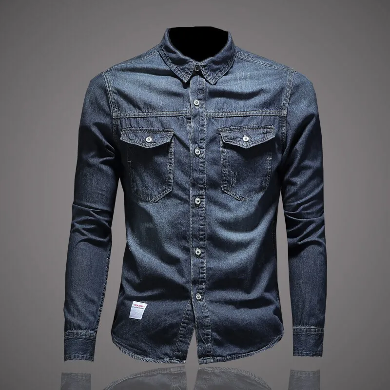 

Мужская джинсовая рубашка с длинным рукавом, приталенного кроя, синяя, с эффектом потертости, весенняя, повседневная, модная, из искусственной кожи, молодежная, на все сезоны.