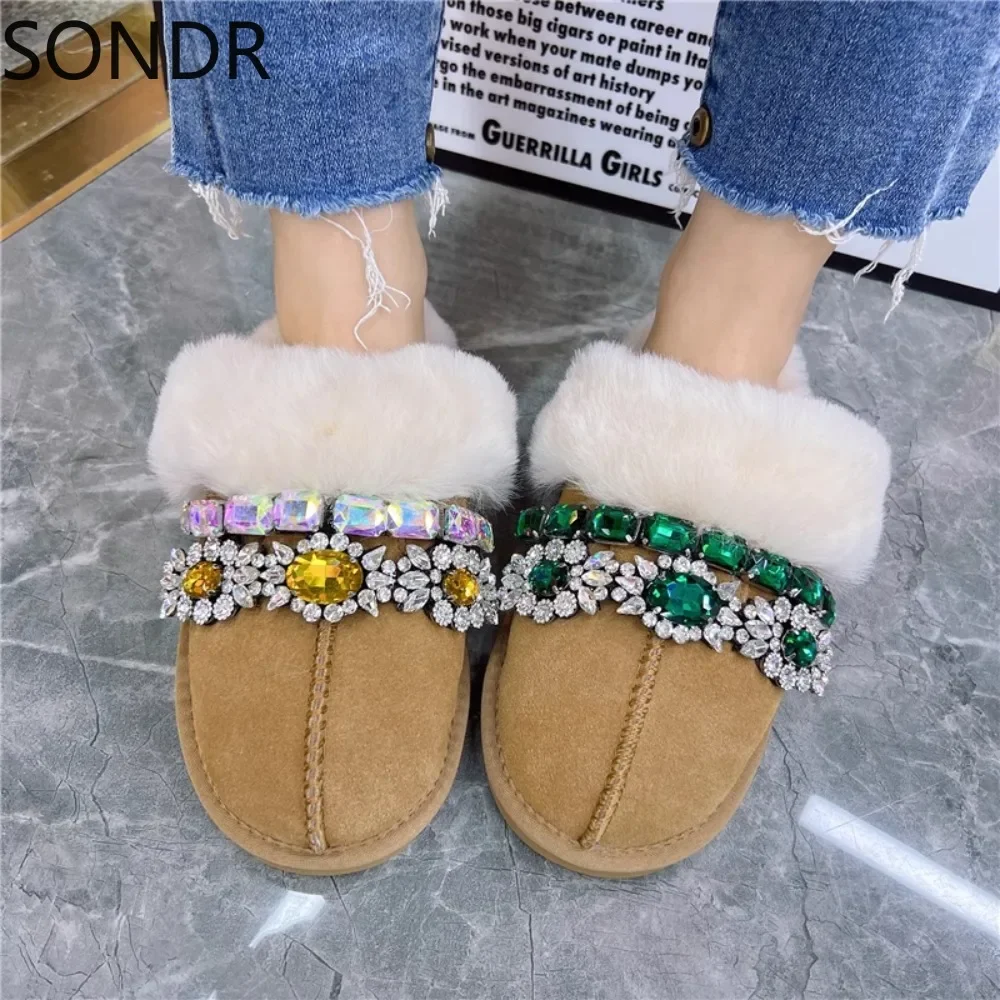 

Womens Real Fur Genuine Leather Round Toe Mules Flats Warm Winter Furry Slippers Rhinestones Crystal Slip On Shoes Luxury New