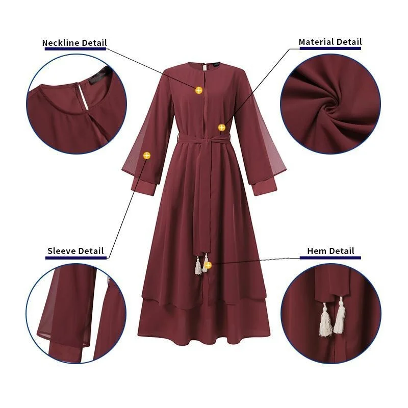 Muslim Fashion Literary Vintage Casual Loose Round Neck Belted Dress