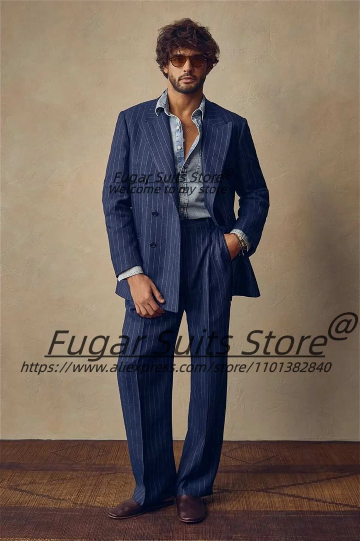 

Business Navy Blue Stripe Men Suits Slim Fit Double Breasted Male Blazers Formal Groom Prom Tuxedos 2 Pieces Sets Costume Homme