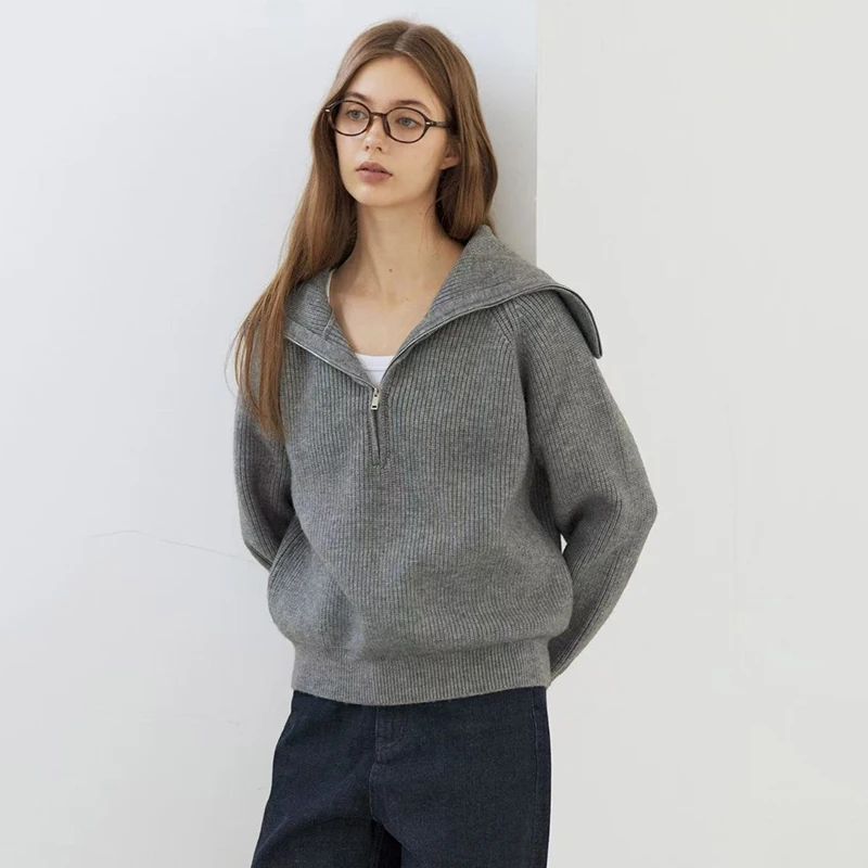 

Vintage Lapel Zipper Knit Sweater for Women Autumn Thick Loose Casual Gray Pullover Female Korean Long Sleeve Simple Jumpers