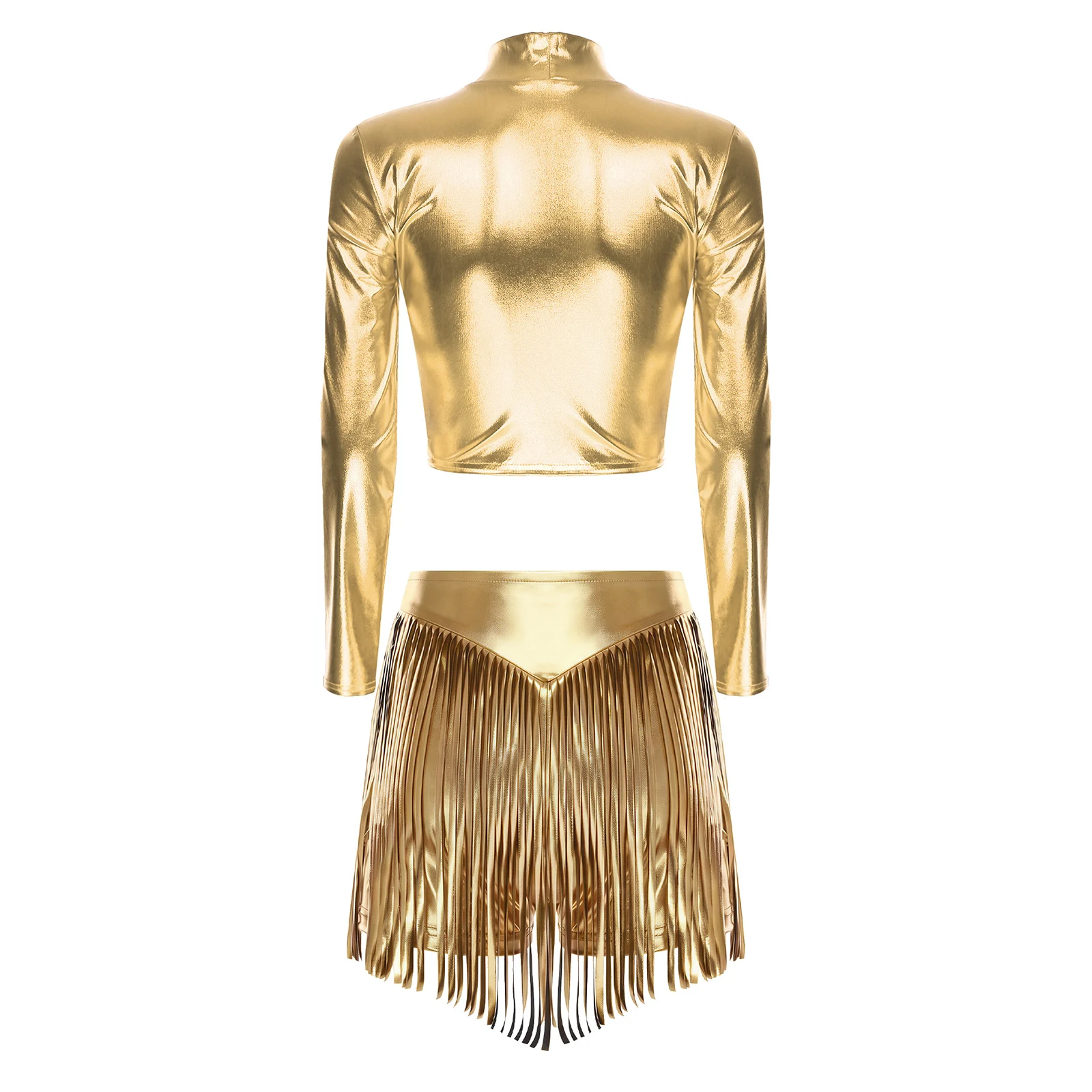أزياء نسائية لامعة لرقص الجاز اللاتينية السالسا التانغو طقم ملابس حفلات الهذيان ملابس رقص بأكمام طويلة وتنانير قصيرة مهدب