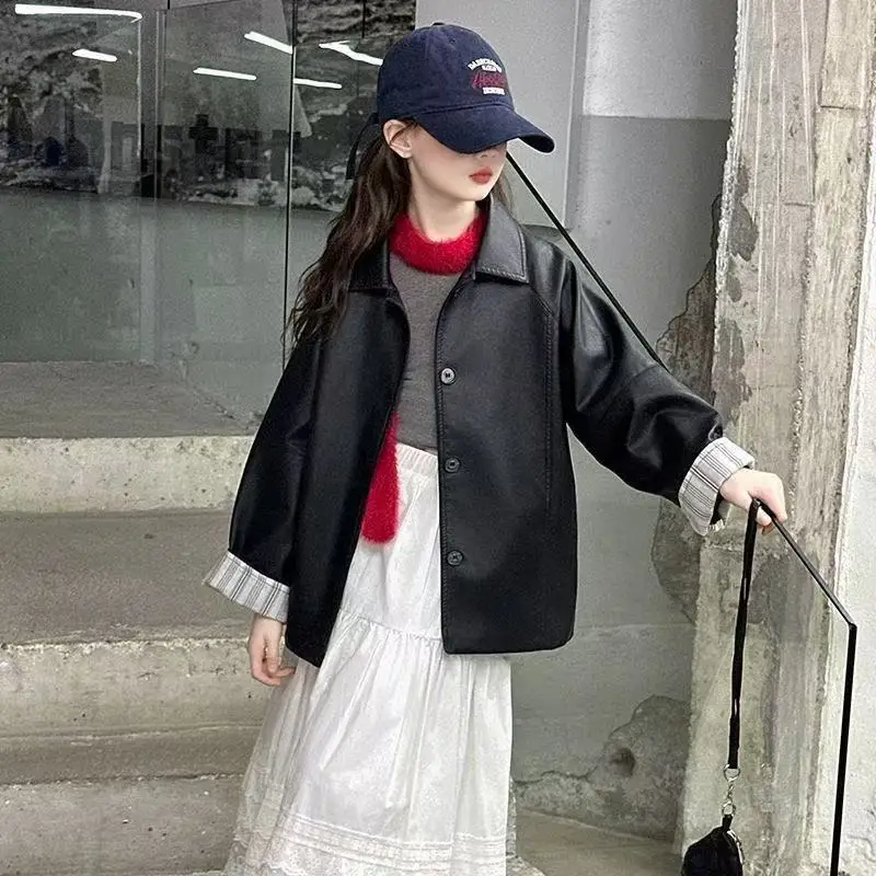 

Girls' Outerwear Spring and Autumn 2026 New Style Children's Fashionable Western Style Simple Cuff Design Black Leather Jacket