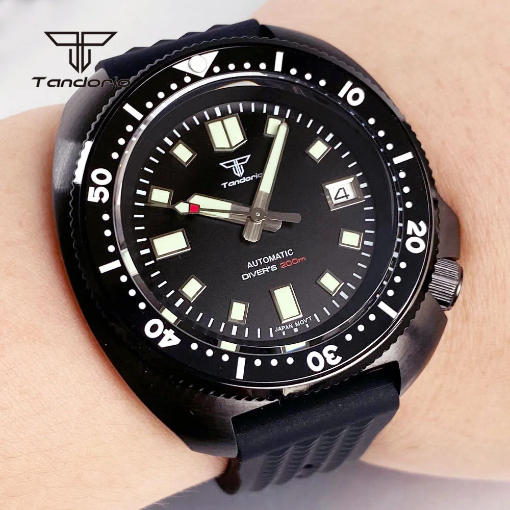 

Tandorio Dive черные PVD 44 мм мужские часы с автоматической датой NH35/PT5000 Movt керамический безель 20 бар водонепроницаемые деловые наручные часы Lume