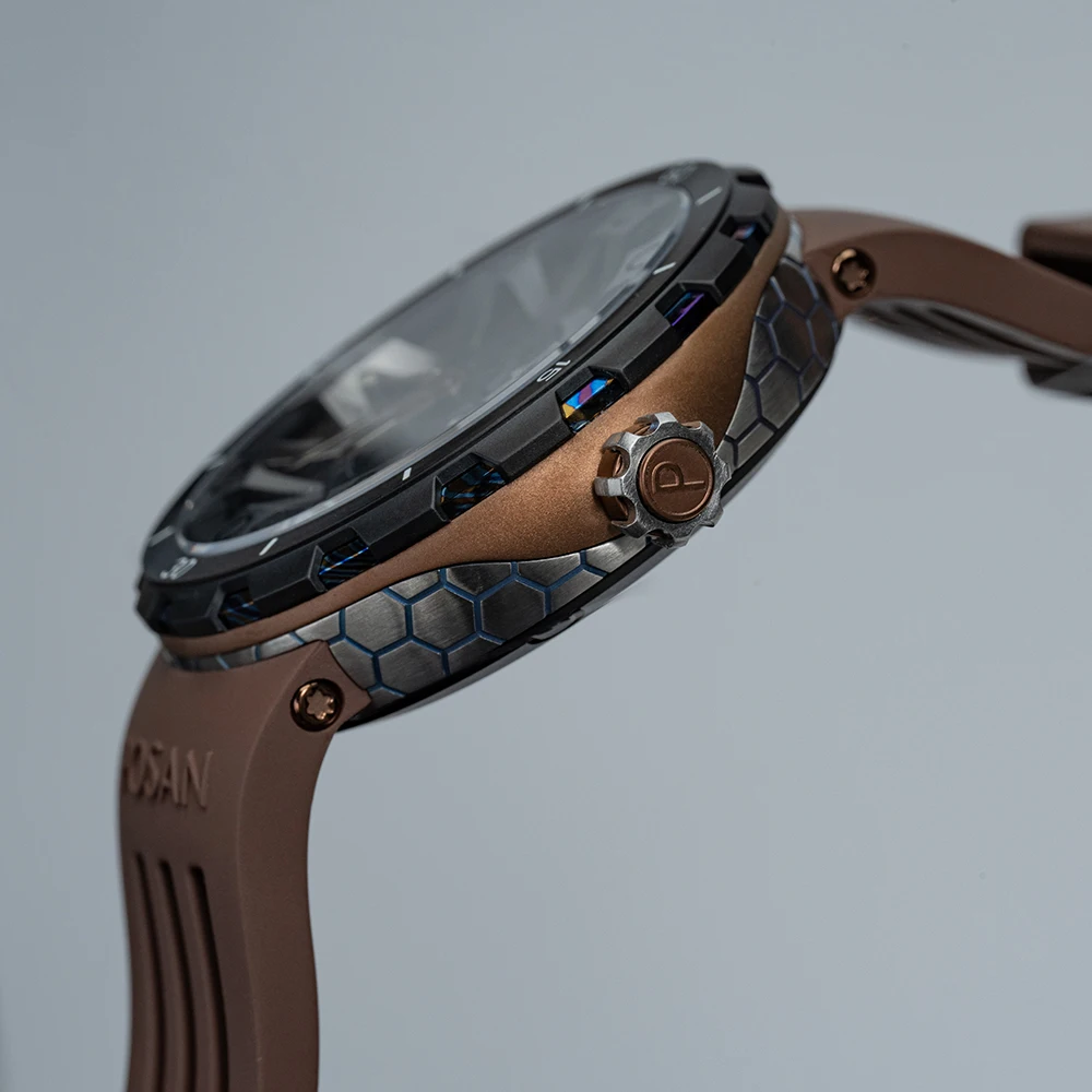 POSAN Hand Winding Timascus Mechanical Sapphire Man นาฬิกาคู่มือ Hollow กันน้ําไทเทเนียม Sipmle นาฬิกาสําหรับชาย PSW-001C