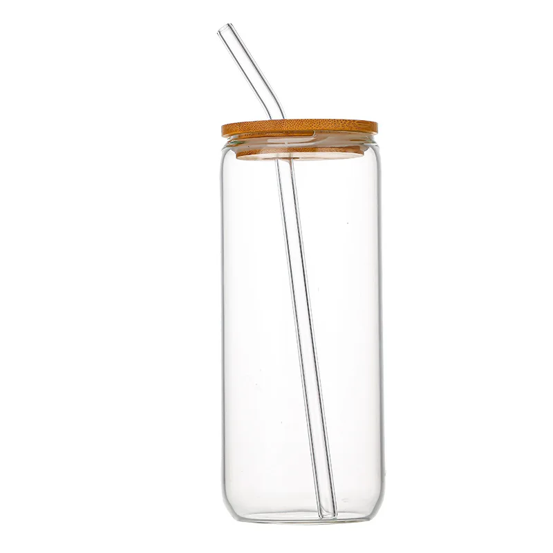550ml Glass Cup with Wooden Lid and Straw Travel Transparent Bubble Tea Cup Milk Beer Can Cocktail Mug Beverage Glassware view 4