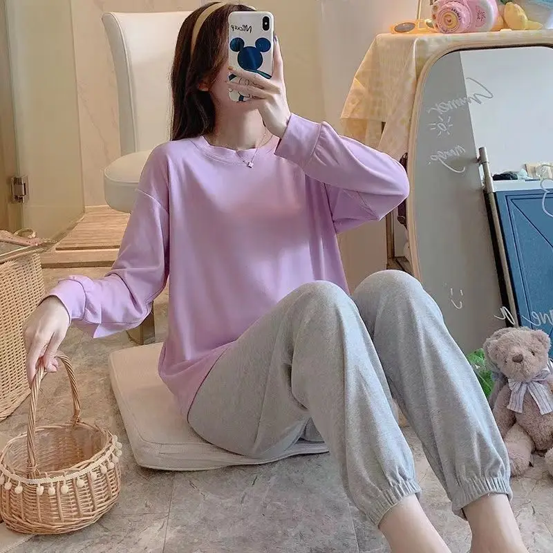 New Spring Homewear Long Sleeve Pajamas Set Cute Leisure Women Sleepwear 2Pcs Nightwear Women Long Loose Waist Pant Home Suit