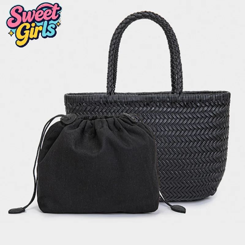 Hand-woven Leather Tote Bag With Inner Drawstring Pouch Large Capacity Weave Shoulder Bag Basket Bag For Travel Daily Beach