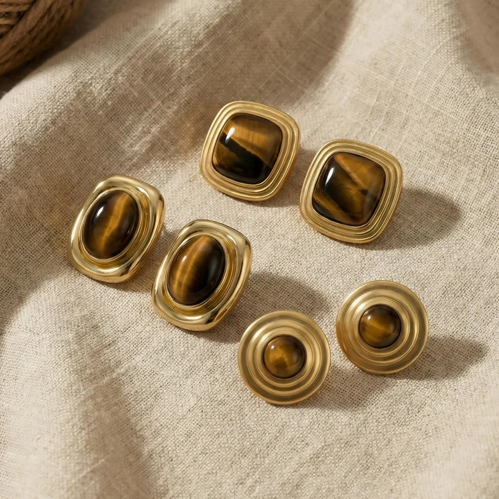 Chunky Vintage Tiger Eye Black Stone Stainless Steel Stud Earrings For Women Statement 18K Gold Plated French Autumn Jewelry