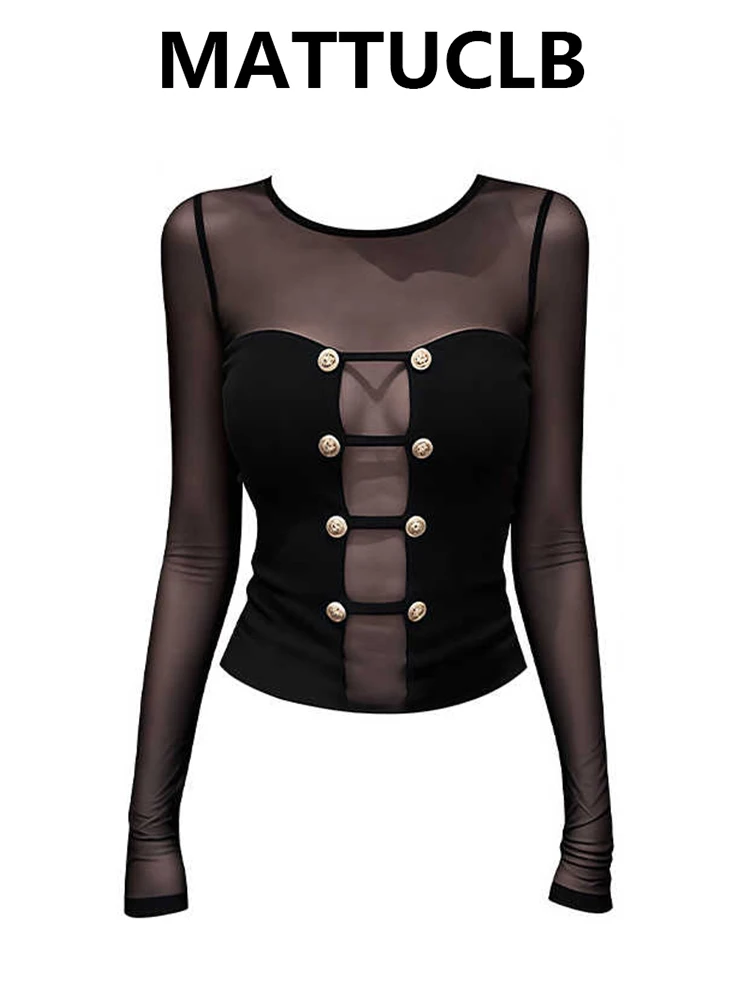 

2026 Spring Women Mesh Top 2000s Coquette Dark Academia T-Shirt Gyaru Design Long Sleeve Tees Y2k Stretch Trend High Street New