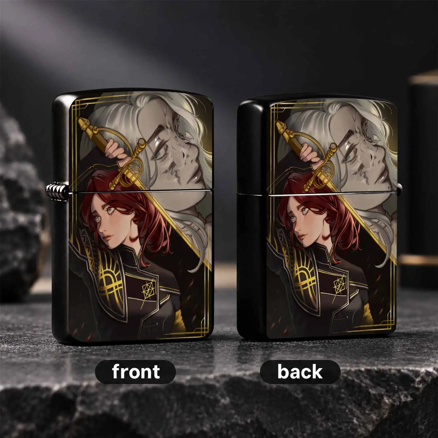 Anime Character Pattern Windproof, Exquisite Red-Haired Sword Girl vs Cracked Silver-Haired Figure Art Print , Durable Pocket Creative Collectible Gift For Anime Fans Daily Outdoor Use A fun and humorous lighter