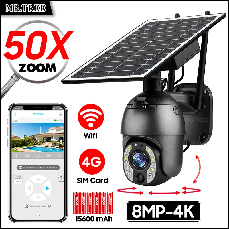 4K 8MP Dual Lens Solar Camera 4G/WIFI Outdoor 50X Zoom Color Night Vision Surveillance Security PTZ Motion Detect IP Cam Ubox