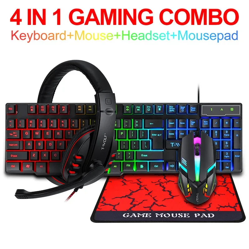 Juego de cuatro piezas de T-WOLF TF800, teclado iluminado, auriculares, alfombrilla de ratón, juego 4 en 1, accesorios para juegos, teclado y ratón