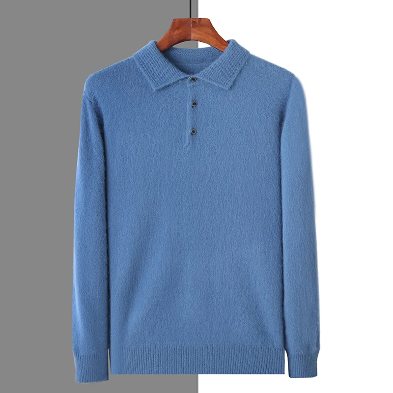 Men\'s 100%Mink cashmere Jacket with POLO Collar Honeycomb Pin Shirt Knit Pullover Autumn Winter Fashion New Style