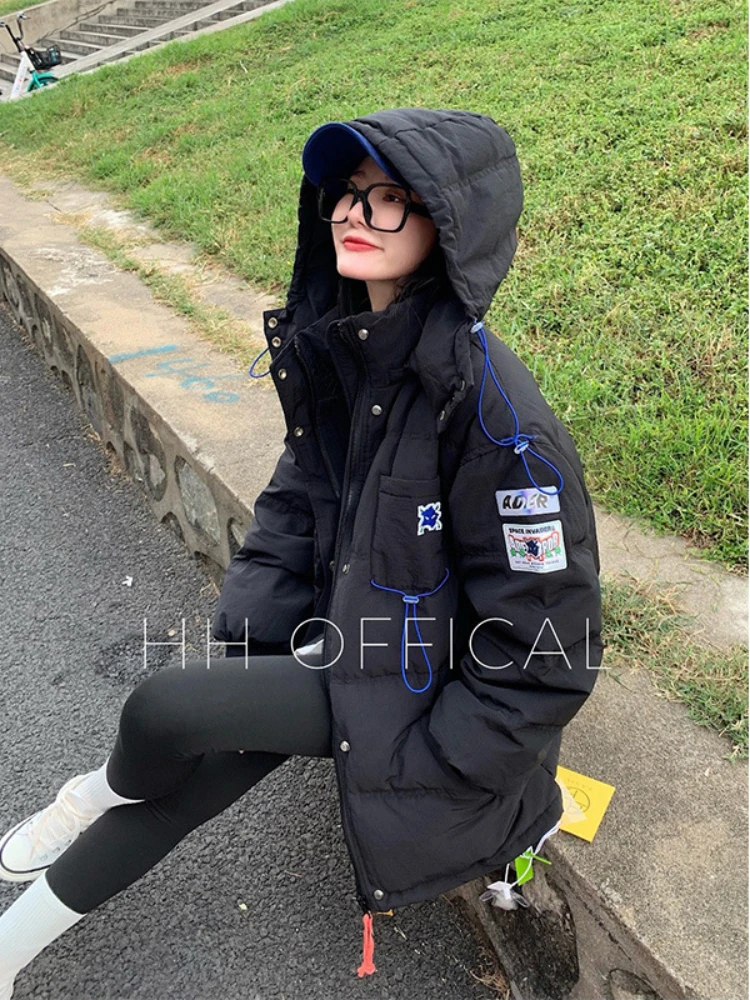 Workwear Down Jacket Women White Duck Down Hooded Thickened Warm Puffer Jacket Stand Collar Loose Slim Mid-length Overcoat