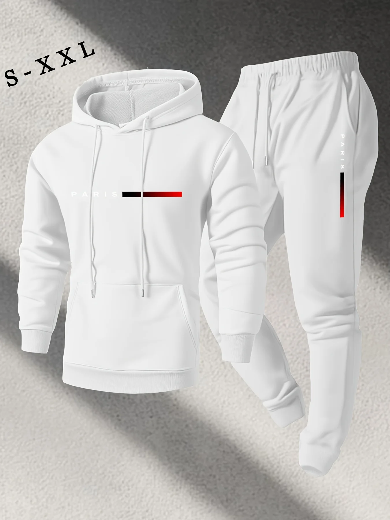 Conjunto de sudadera y pantalones con capucha de otoño para hombre con sudadera con capucha con estampado de letras de París y pantalones con parte inferior abotonada, conjunto de 2 piezas